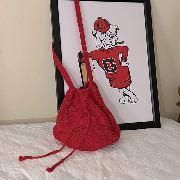 Red Crocheted Bag Large Cinch Top Shoulder Strap Organic Cotton Hand Crafted